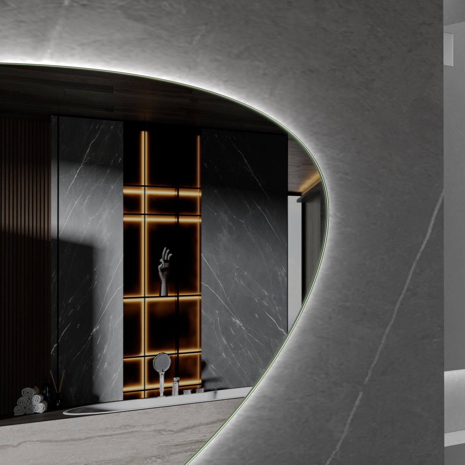 Miroir asymétrique organique avec éclairage LED et anti-condensation 90 cm de large et 60 cm de haut