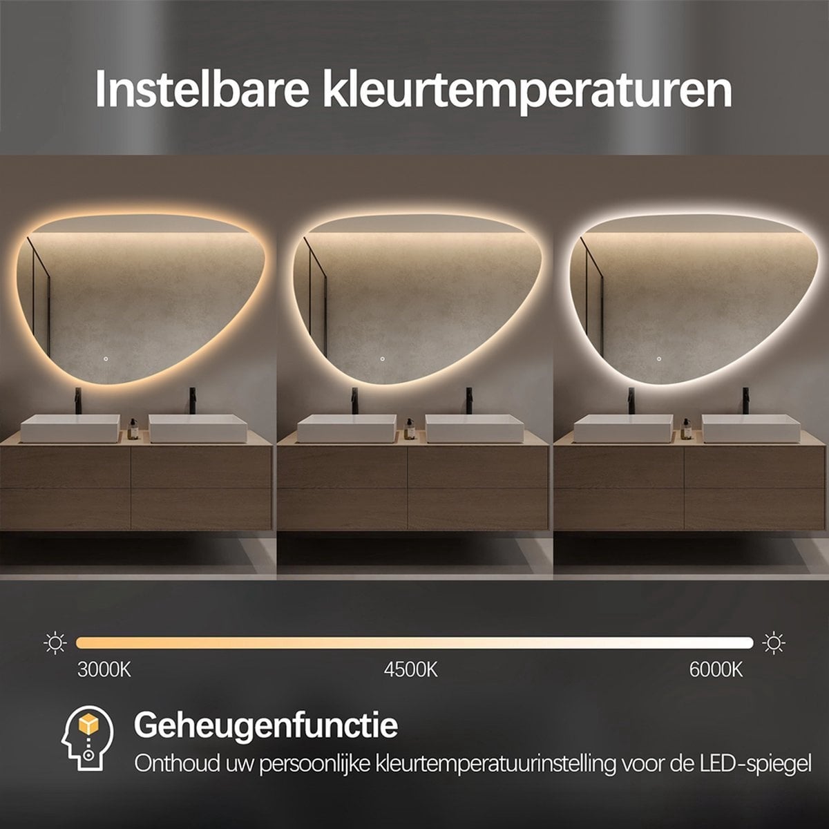 Spiegel asymmetrisch organische led verlichting en anti-condens 140 cm breed en 75 cm hoog