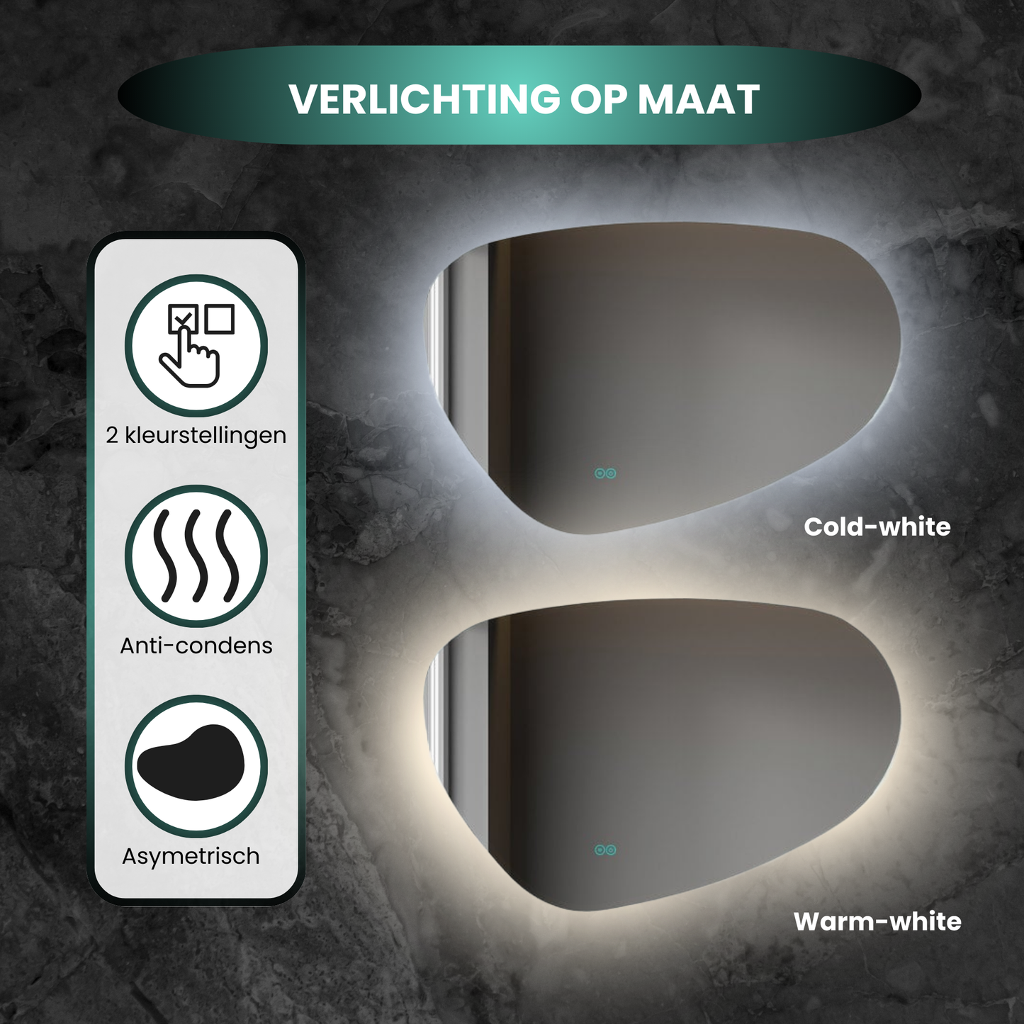 Miroir asymétrique organique avec éclairage LED et anti-condensation 60 cm de large et 40 cm de haut