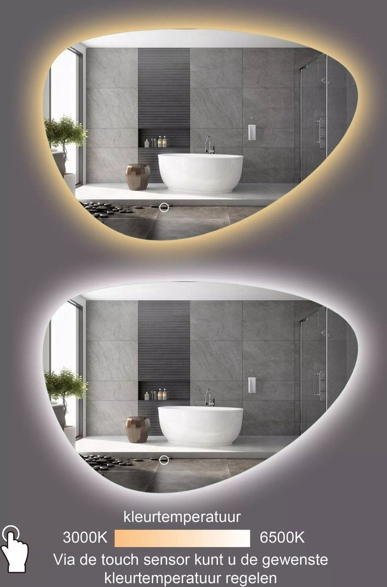 Miroir asymétrique organique avec éclairage LED et anti-condensation 120 cm de large et 75 cm de haut