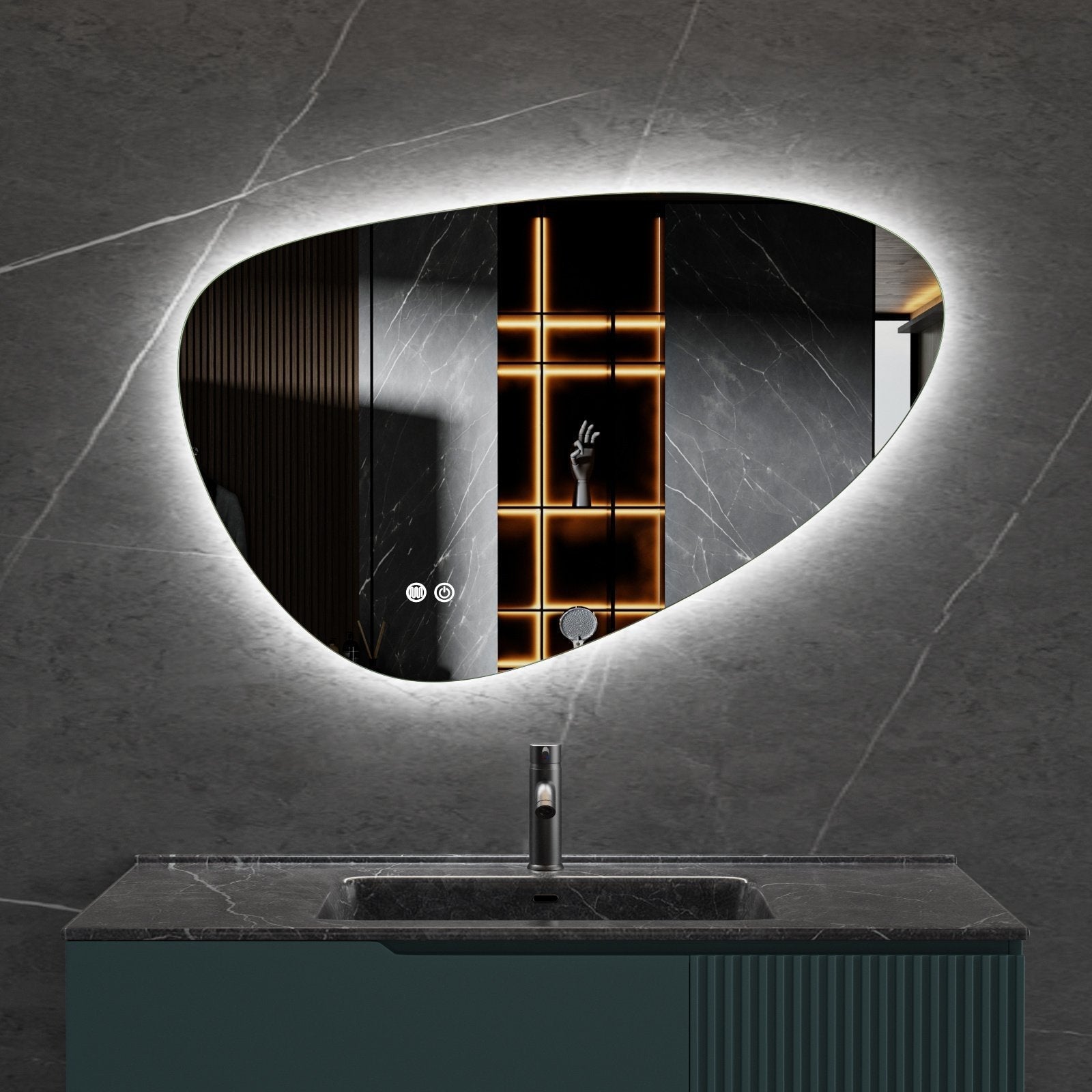 Miroir asymétrique organique avec éclairage LED et anti-condensation 100 cm de large et 65 cm de haut