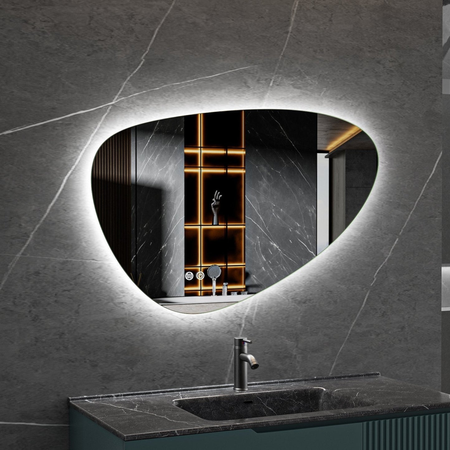 Miroir asymétrique organique avec éclairage LED et anti-condensation 100 cm de large et 65 cm de haut