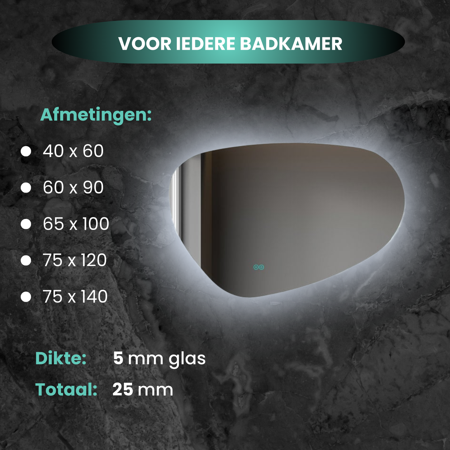 Miroir asymétrique organique avec éclairage LED et anti-condensation 100 cm de large et 65 cm de haut