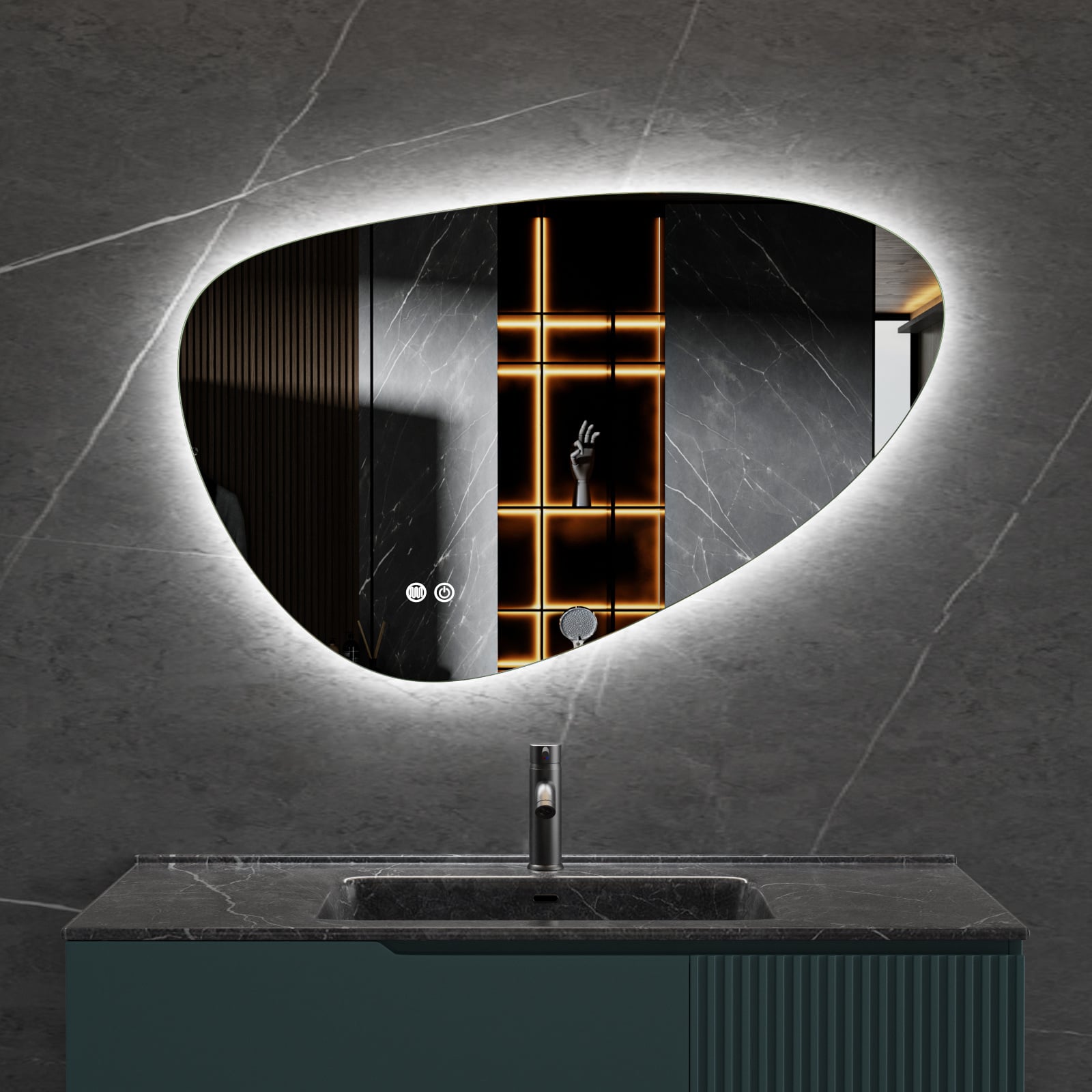 Spiegel asymmetrisch organische led verlichting en anti-condens 100 cm breed en 65 cm hoog