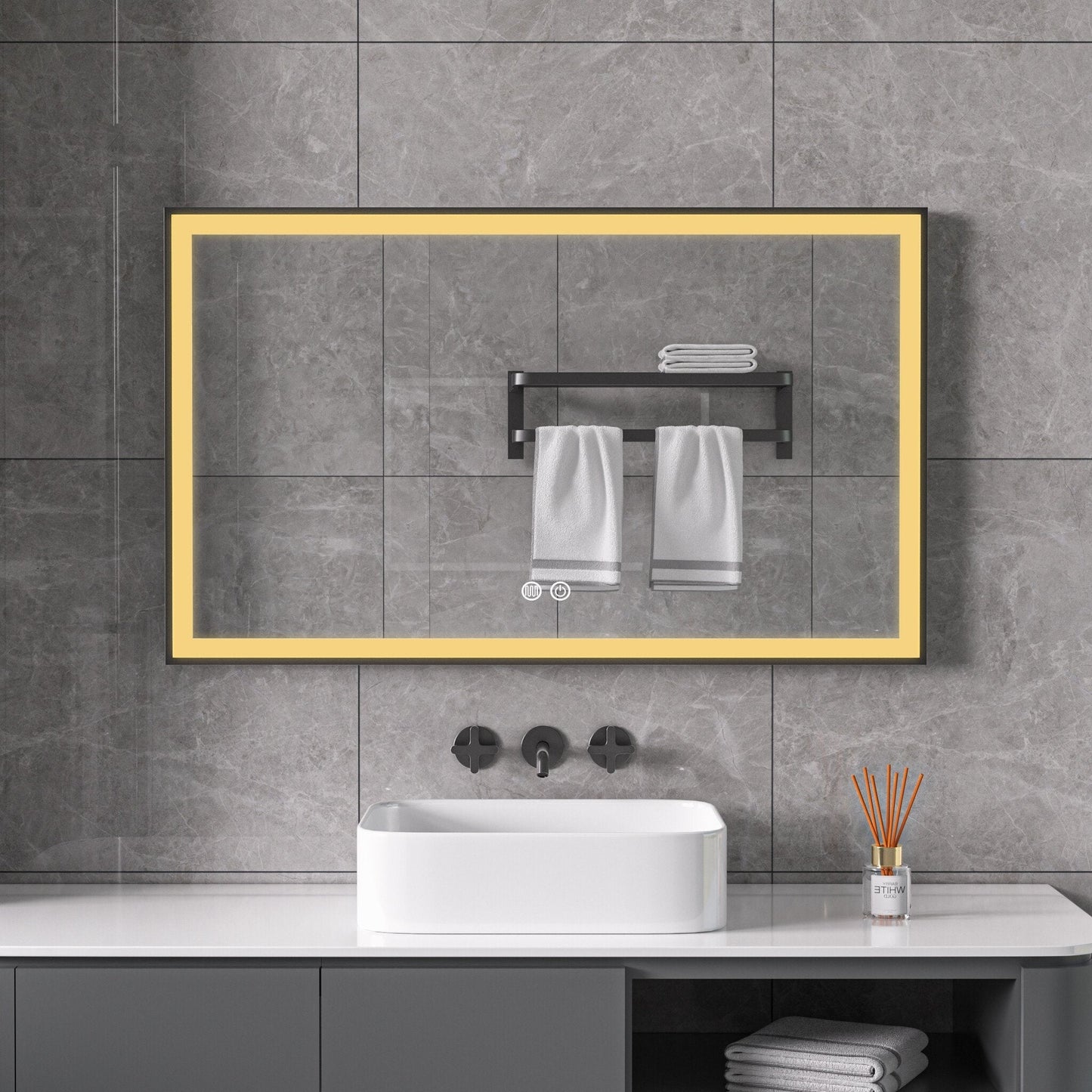 Miroir avec cadre noir, LED, anti-buée 60 x 100 cm