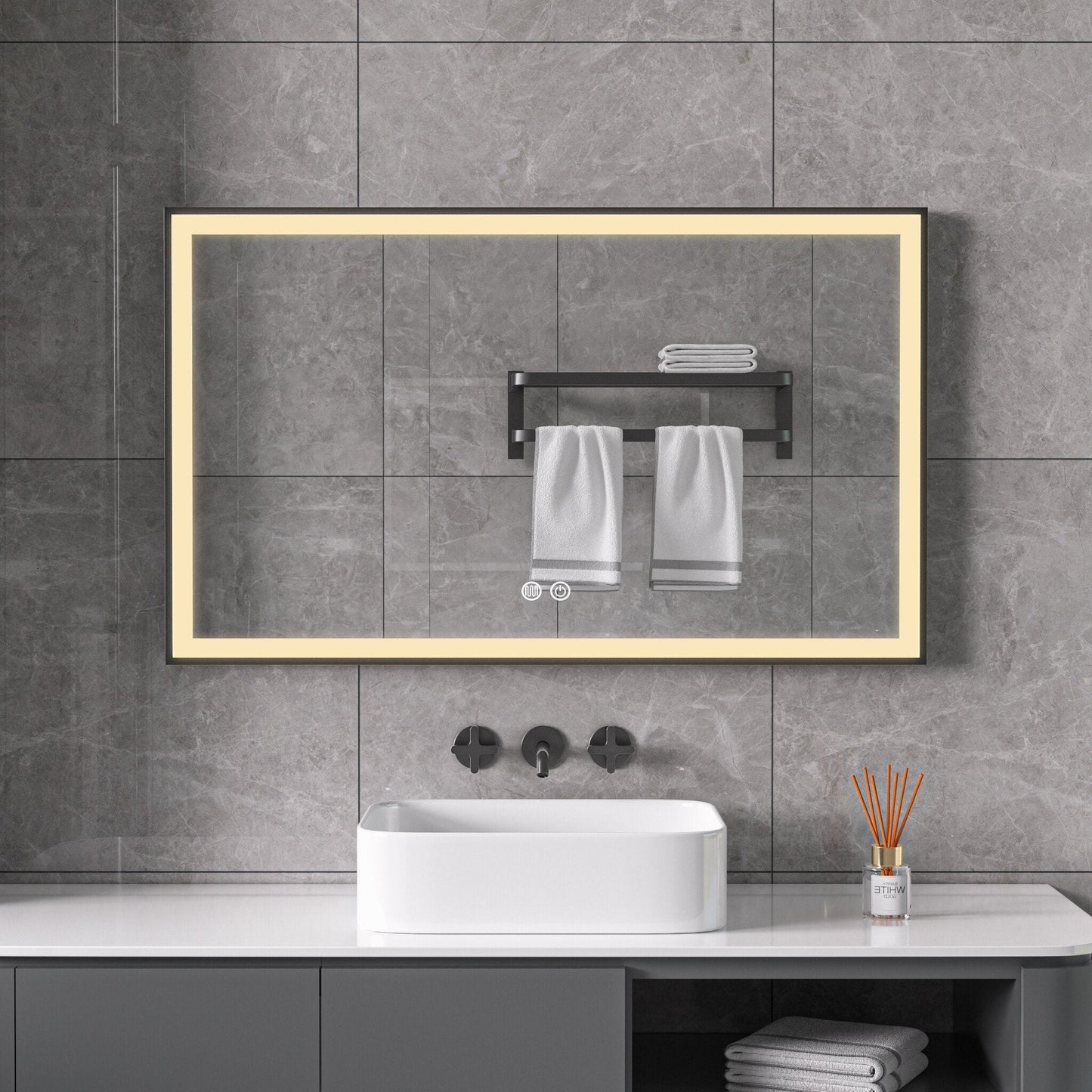 Miroir avec cadre noir, LED, anti-buée 60 x 100 cm