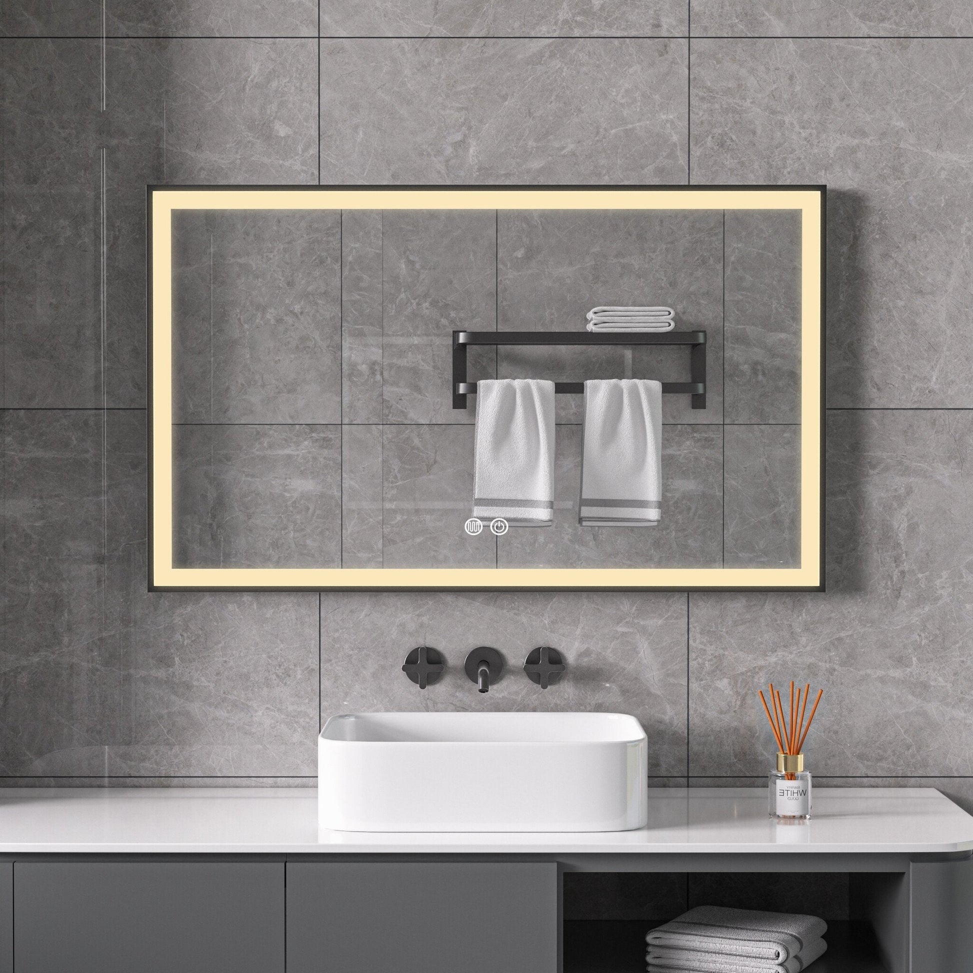 Miroir avec cadre noir, LED, anti-buée 60 x 100 cm