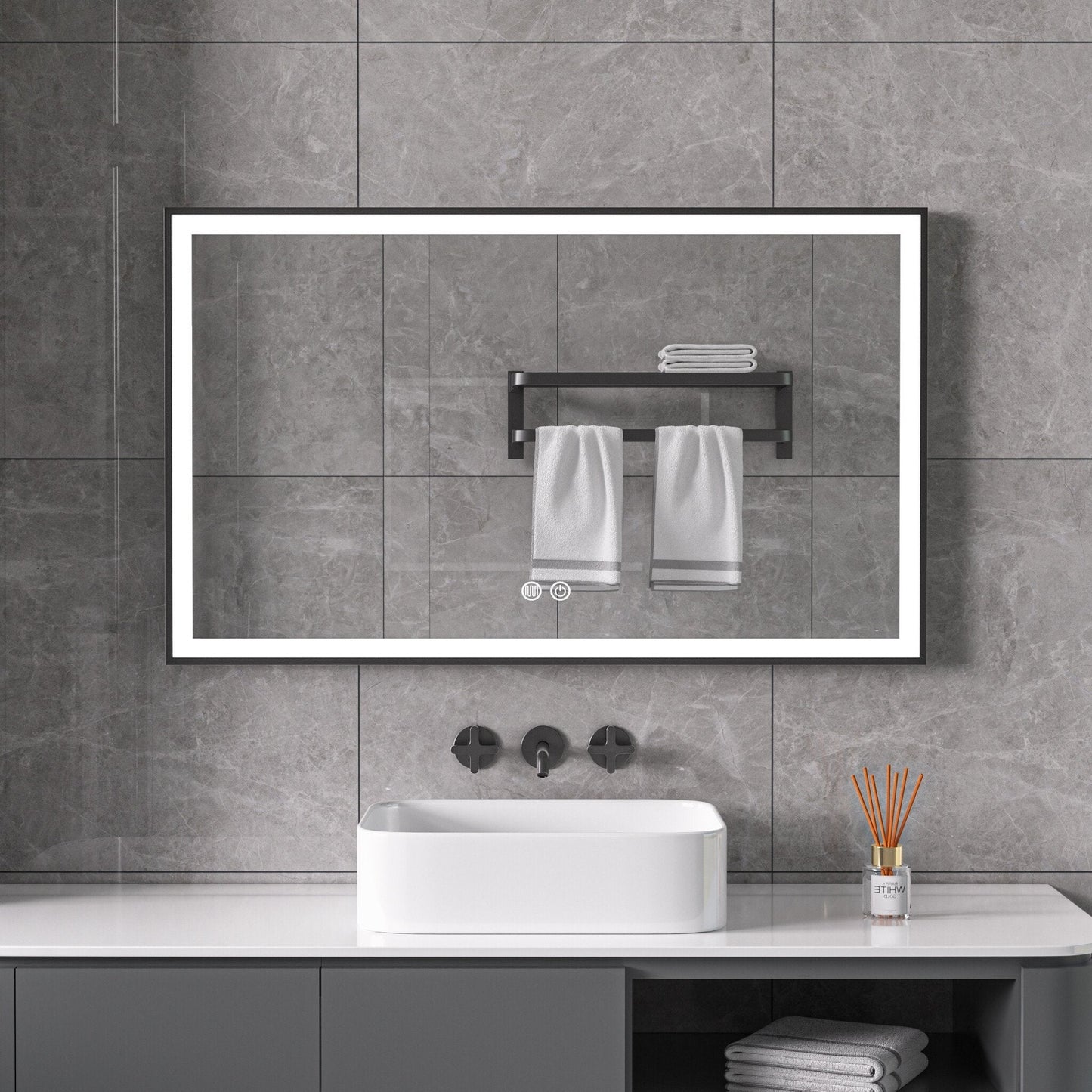 Miroir avec cadre noir, LED, anti-buée 60 x 100 cm