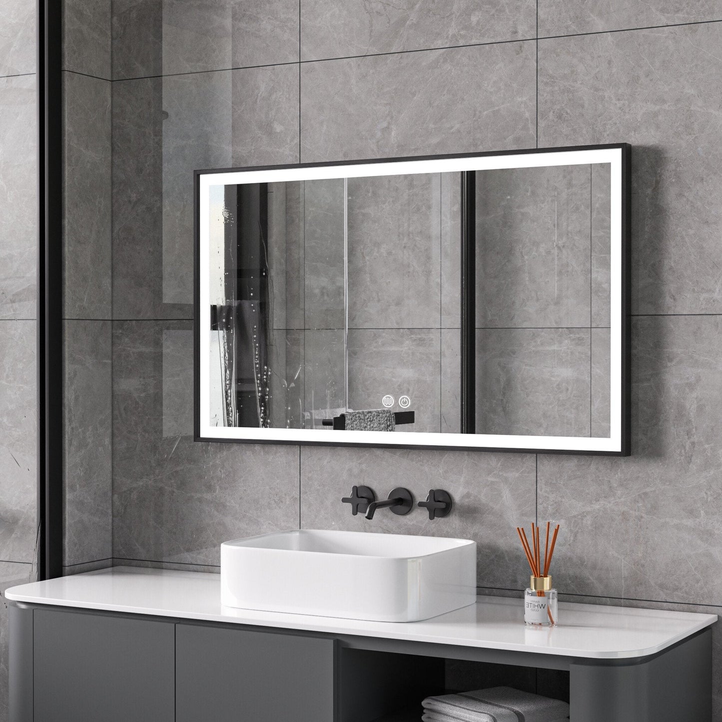 Miroir avec cadre noir, LED, anti-buée 60 x 100 cm