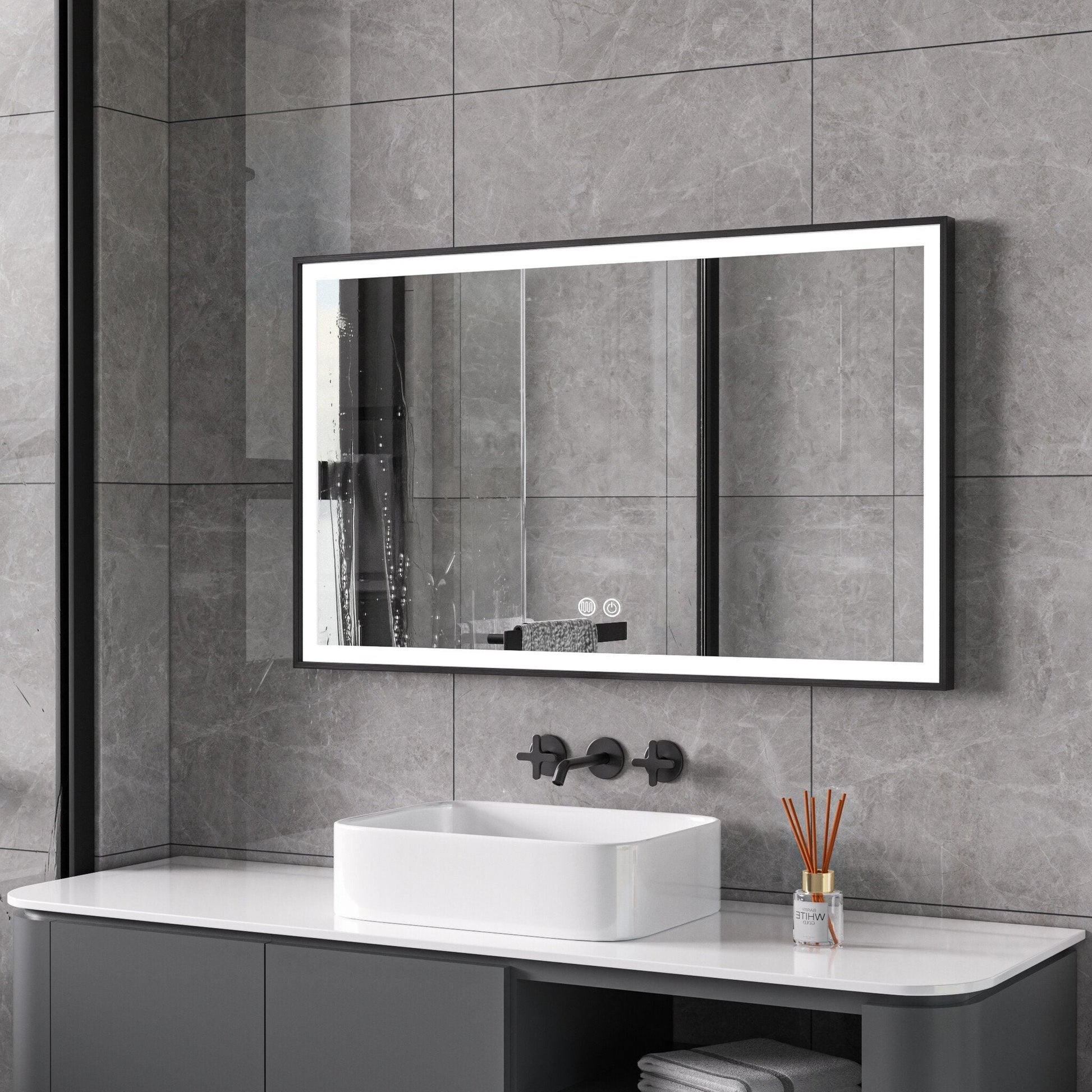 Miroir avec cadre noir, LED, anti-buée 60 x 100 cm