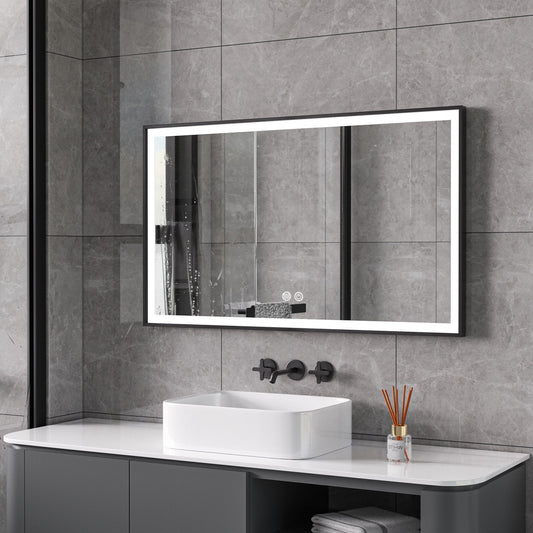 Miroir avec cadre noir, LED, anti-buée 60 x 100 cm