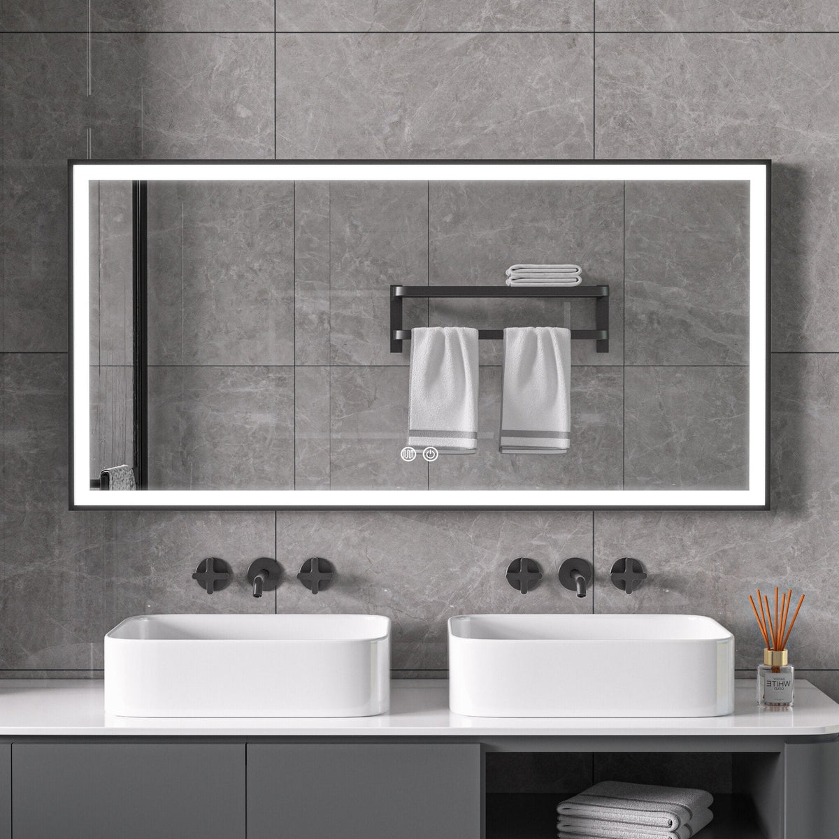 Badkamerspiegel met zwart frame, LED, anti-condens 60 x 120 cm