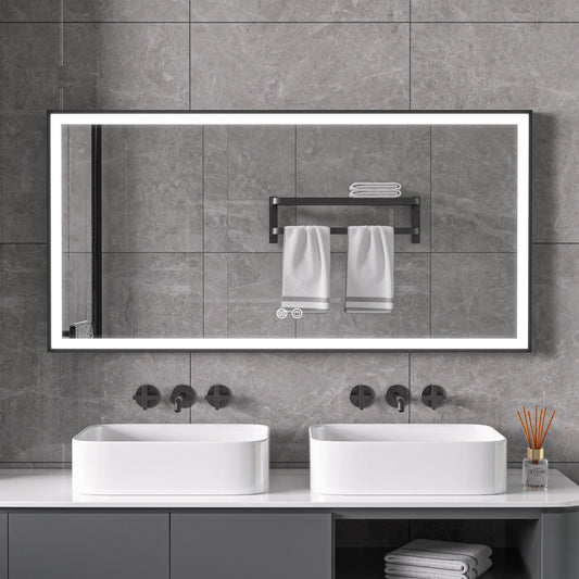 Miroir avec cadre noir, LED, anti-buée 60 x 120 cm
