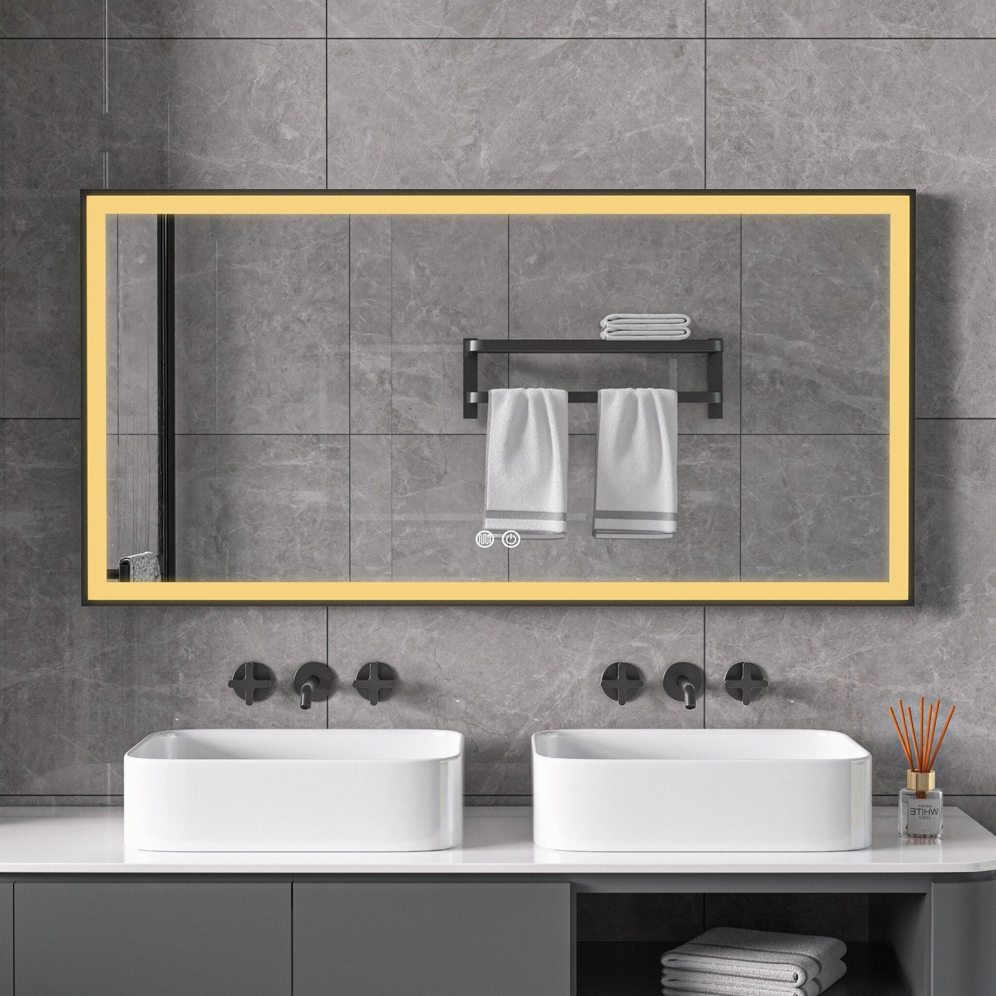 Miroir avec cadre noir, LED, anti-buée 60 x 120 cm