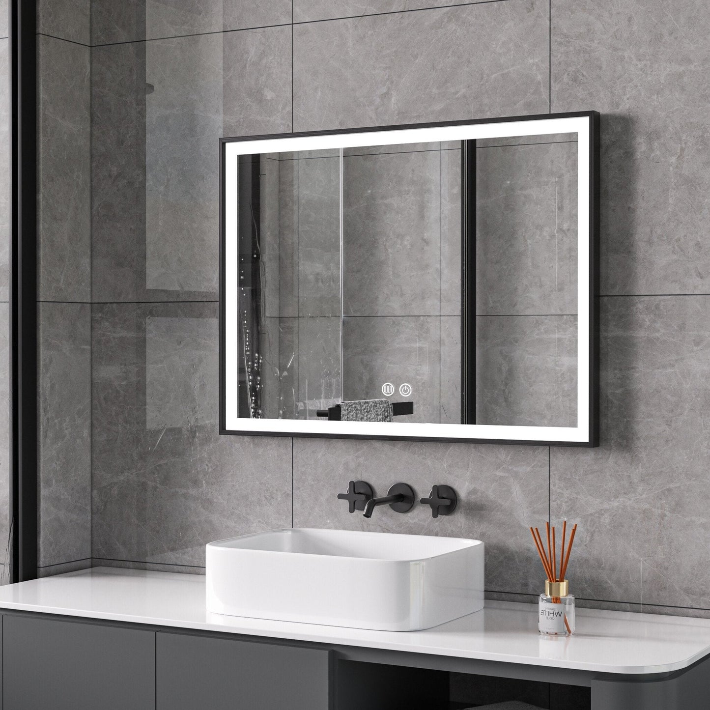 Miroir avec cadre noir, LED, anti-buée 60 x 60 cm