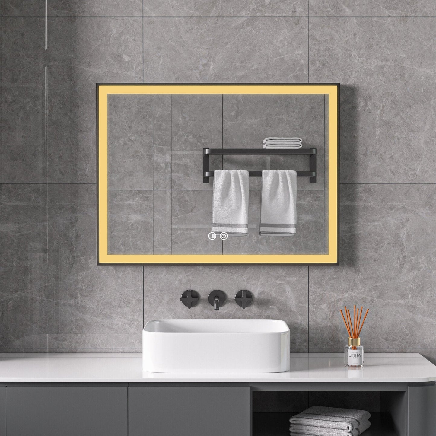 Miroir avec cadre noir, LED, anti-buée 60 x 80 cm