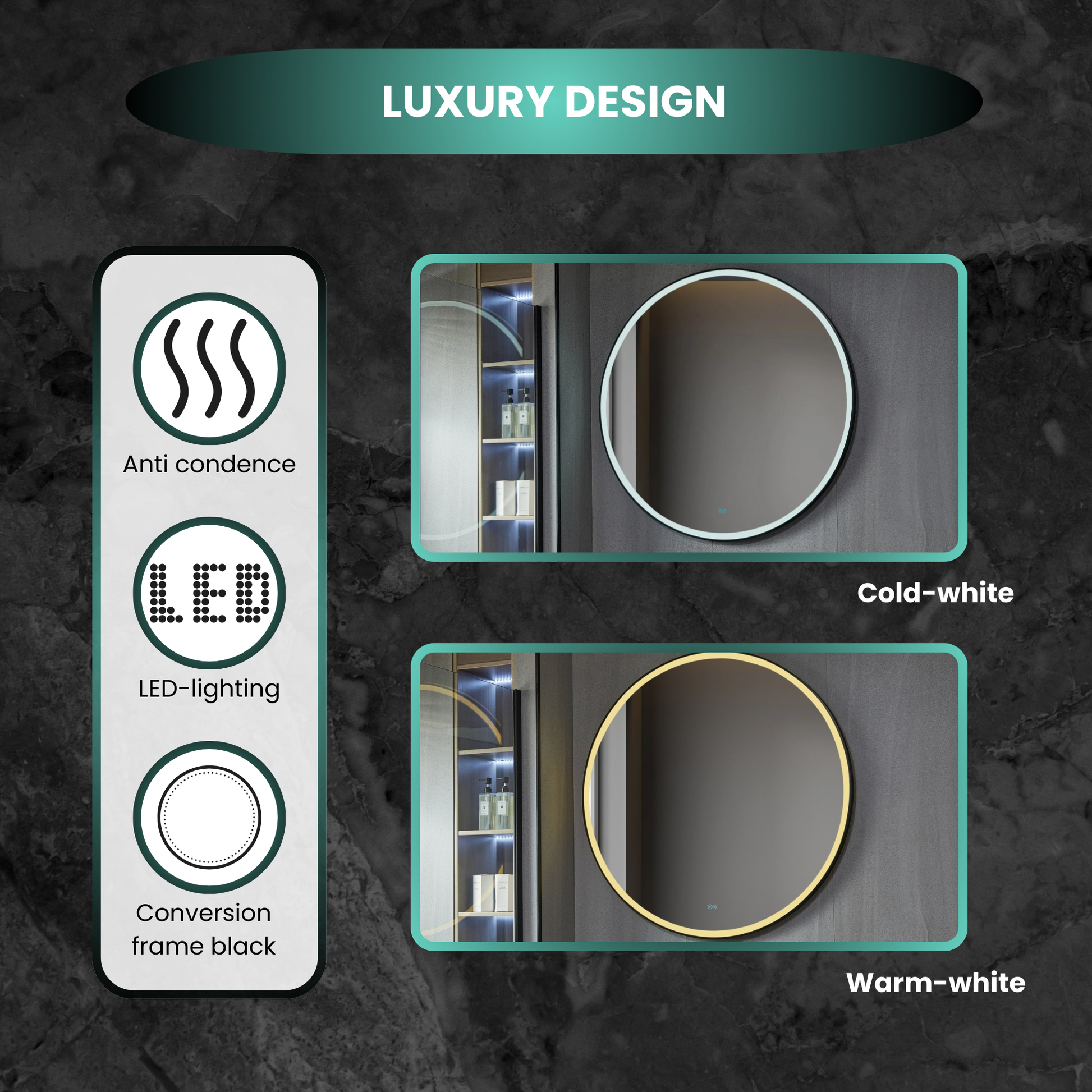 Miroir rond 100 cm avec cadre noir, éclairage LED et anti-buée