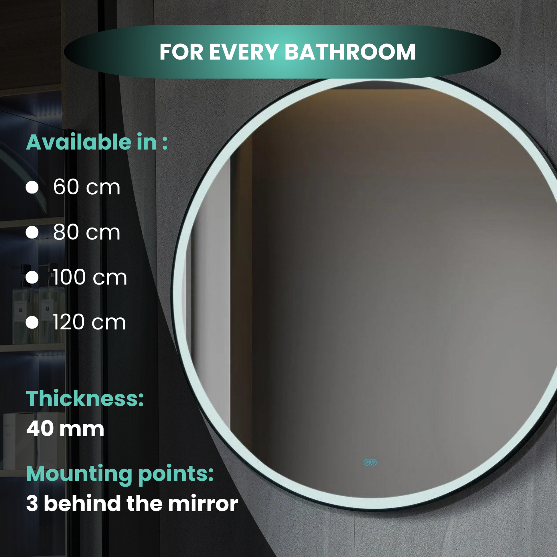 Miroir rond 100 cm avec cadre noir, éclairage LED et anti-buée