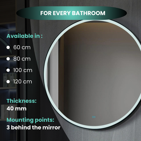 Miroir rond 120 cm avec cadre noir, éclairage LED et anti-buée
