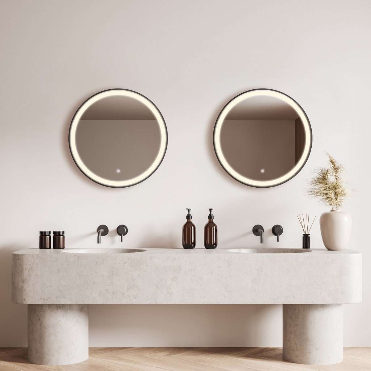 Miroir rond 60 cm avec cadre noir, éclairage LED et anti-condensation