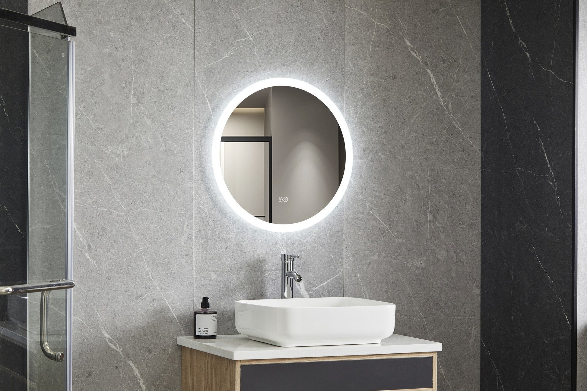 Miroir rond 80 cm sans cadre, éclairage LED encastré et anti-condensation