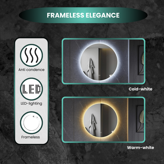 Miroir rond 80 cm sans cadre, éclairage LED périphérique et anti-condensation