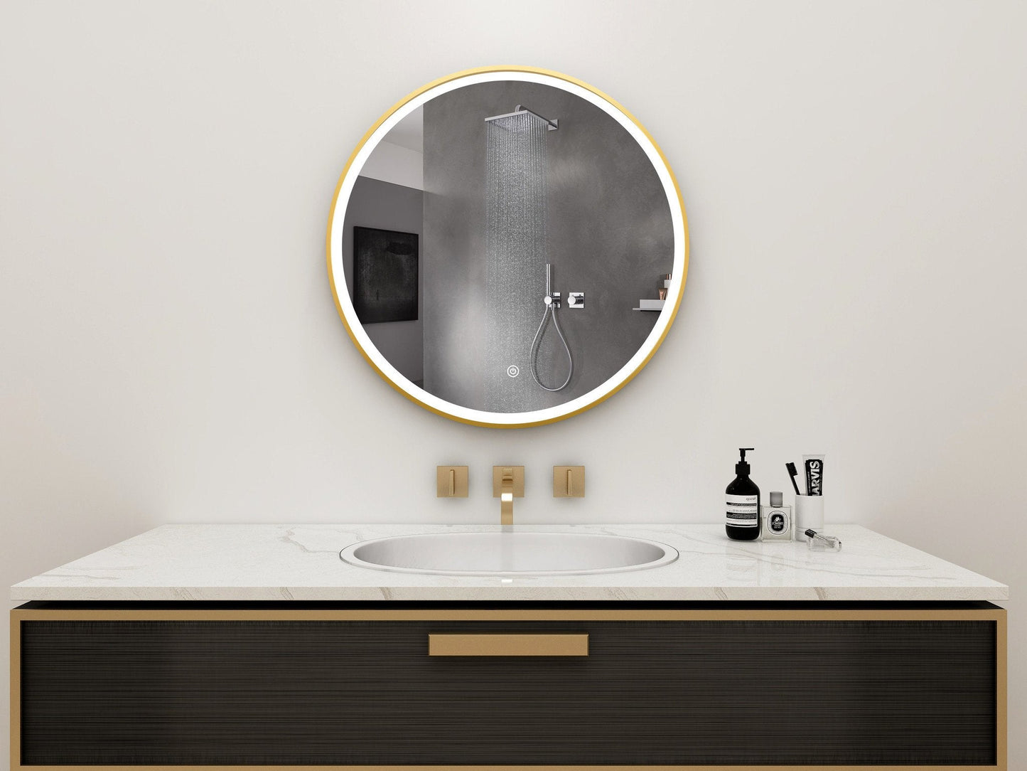 Spiegel rond 80 cm met gouden frame, led verlichting en anti condens