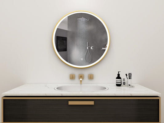 Spiegel rond 80 cm met gouden frame, led verlichting en anti condens