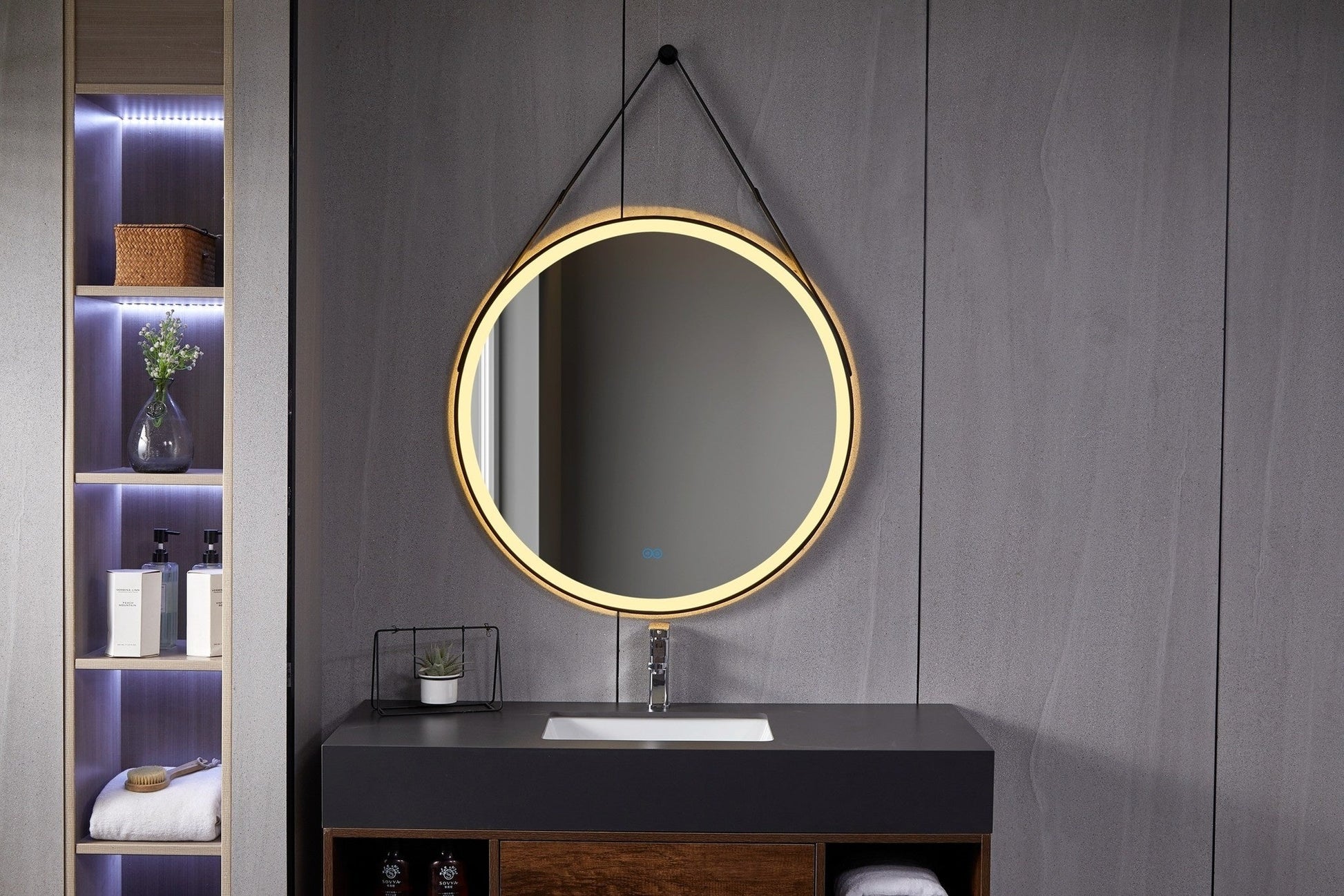 Miroir rond 80 cm avec ceinture tendance, cadre noir, éclairage LED encastré et anti-buée