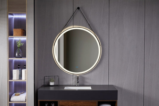 Miroir rond 80 cm avec ceinture tendance, cadre noir, éclairage LED encastré et anti-buée