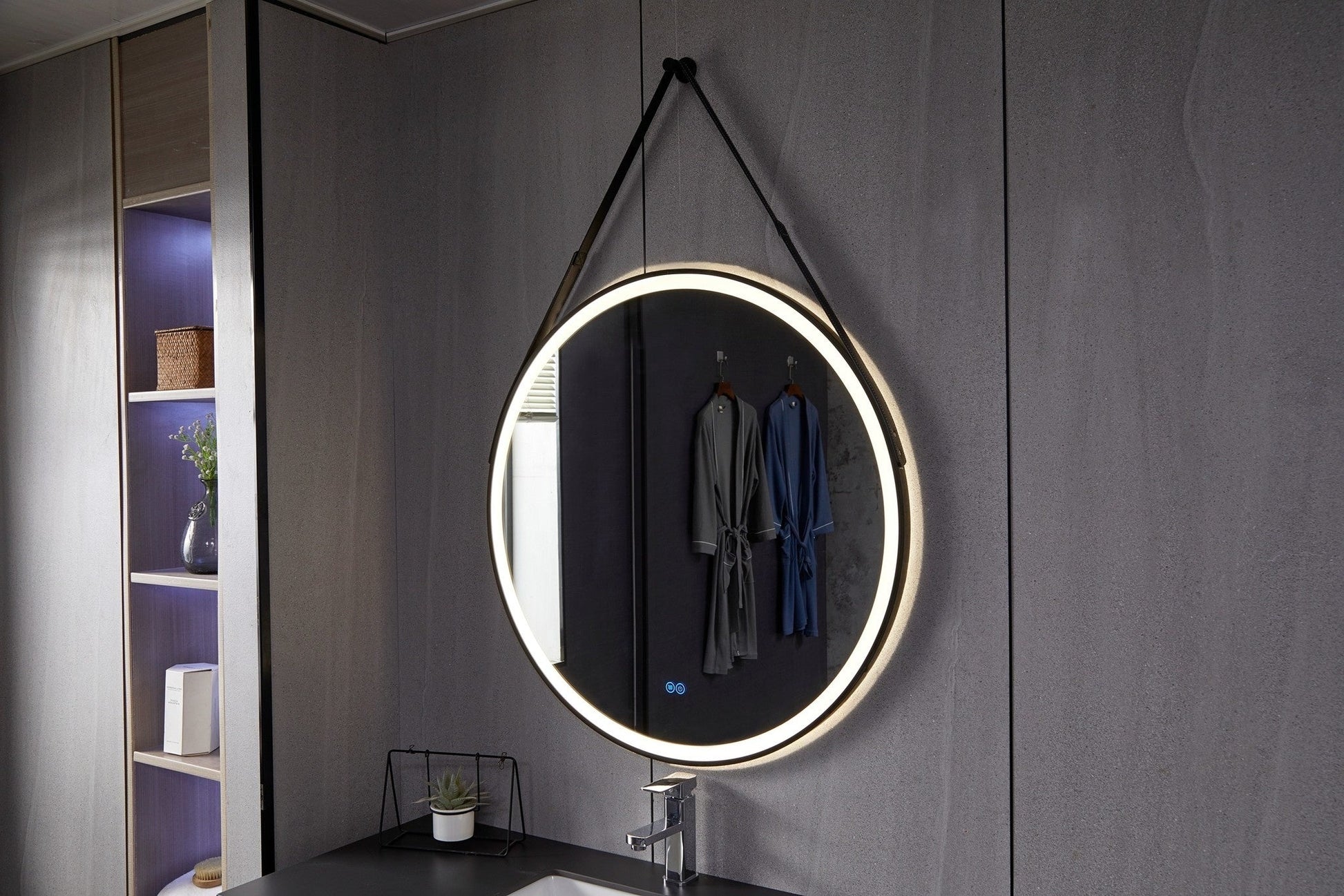 Miroir rond 80 cm avec ceinture tendance, cadre noir, éclairage LED encastré et anti-buée