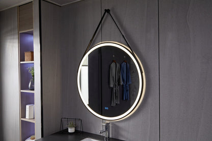Miroir rond 80 cm avec ceinture tendance, cadre noir, éclairage LED encastré et anti-buée