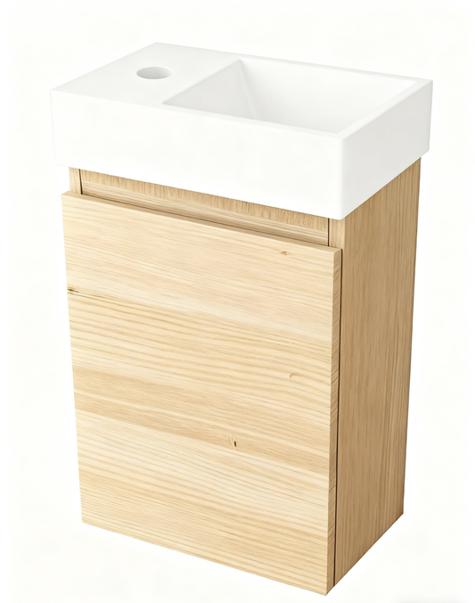 Nurion Meuble de salle de bains Mees - lavabo blanc brillant et armoire en bois clair - 41 x 22,5 x 65 cm