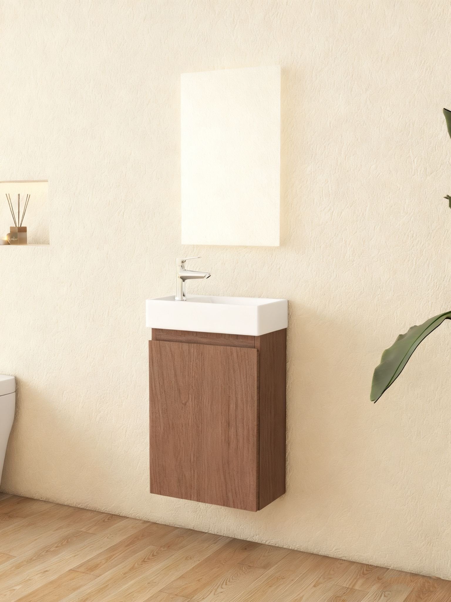 Nurion Meuble de toilette Finn - lavabo blanc brillant et armoire en bois foncé - 41 x 22,5 x 65 cm